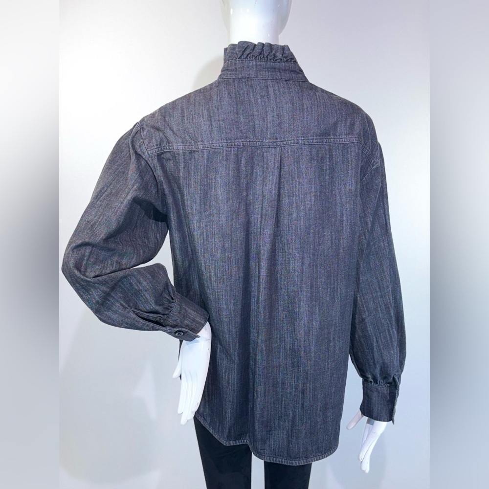 SEE BY CHOLÉ Ash Black Cotton Ruffled Denim Mock Neck Long Sleeves Shirt Size:S - Picture 3 of 11